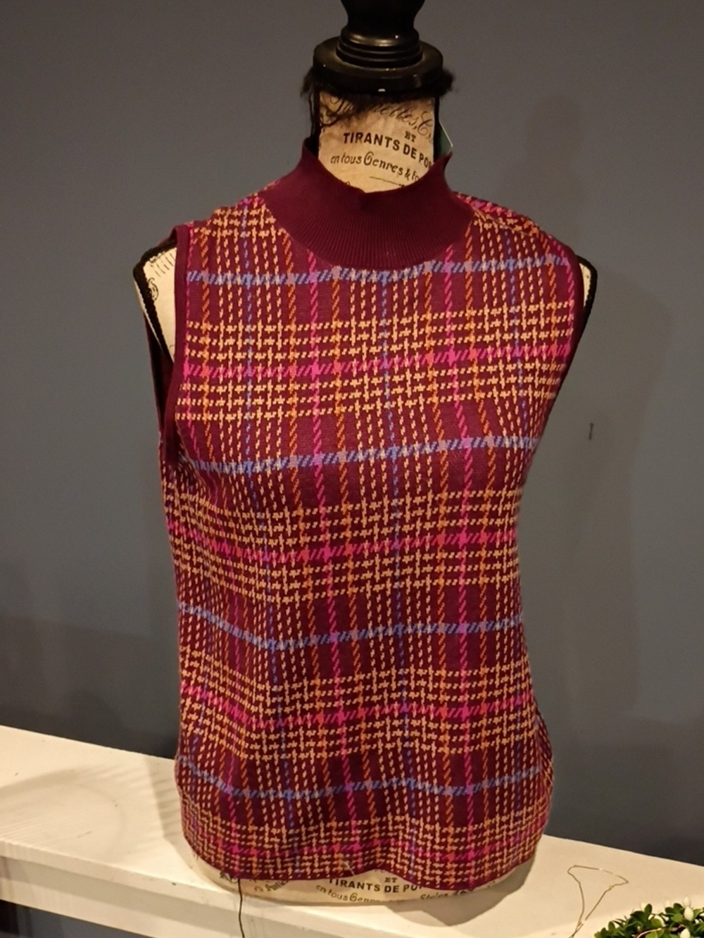Ann Taylor Burgundy Plaid Sleeveless Mock Neck Sweater